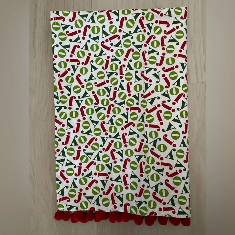 Crate & Barrel Joy Dishtowel with Red and Green Accents with Pom Poms